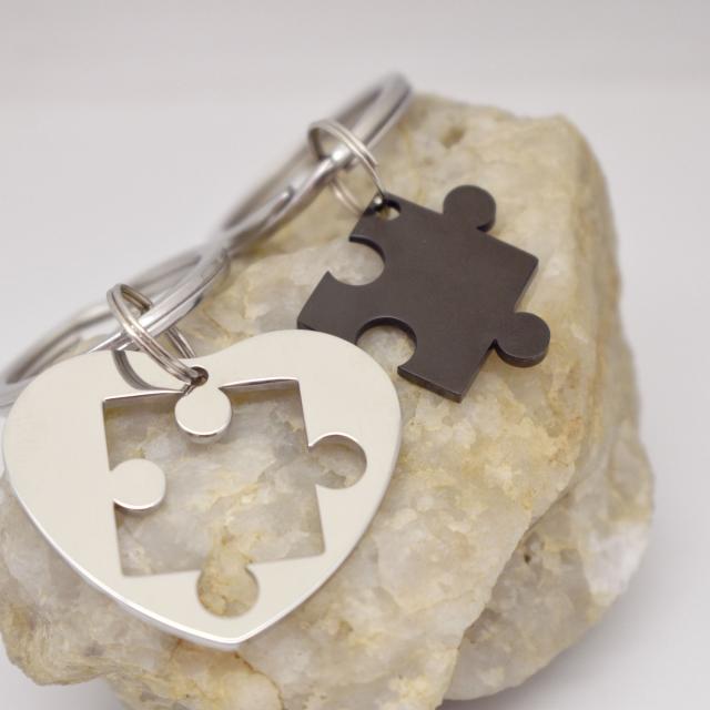 Couples Stainless Steel Heart Puzzle Piece Black and Silver Keychains